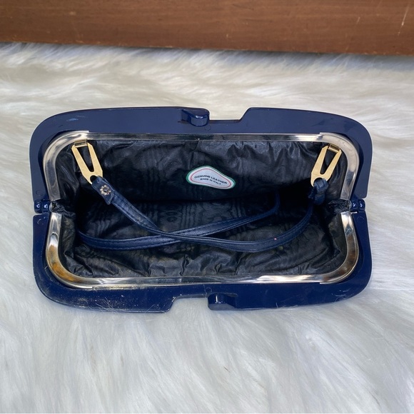 Genuine Leather Made in Italy Vintage Navy Blue Kiss Clasp Bag with Strap - Picture 7 of 9